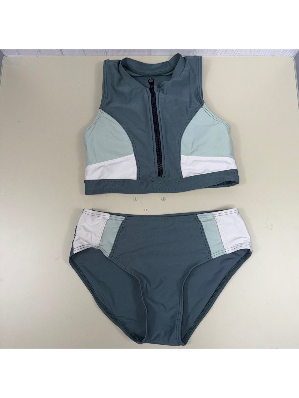 SHEIN Girls Size 8-9 Two Piece Swimsuit Gray Mint White Zip Front Colorblock